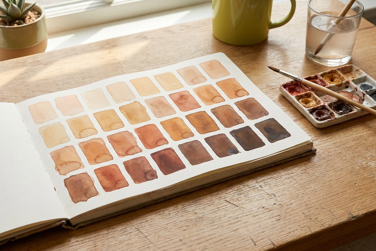 Watercolor swatches of warm skin tones in a sketchbook, a Desert Harvest restorative tattooing image