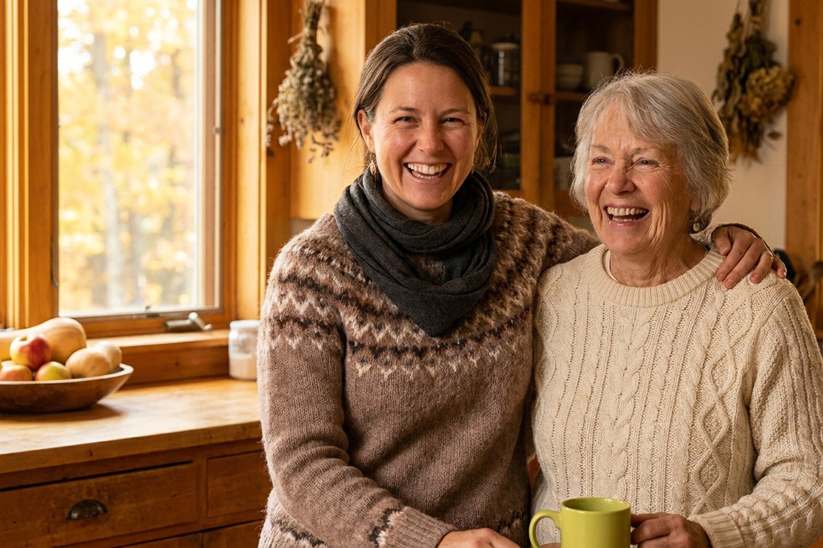 Two women laughing together in a sunlit kitchen, a Desert Harvest Breast Cancer Awareness image