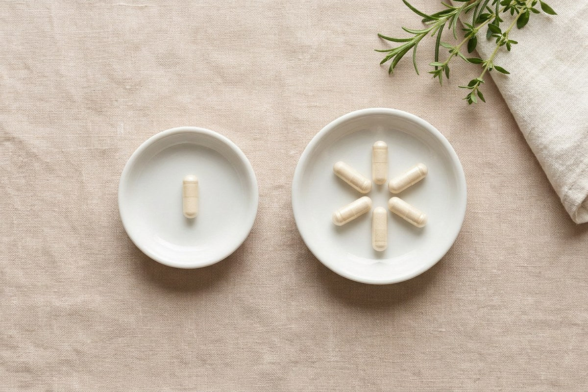 One capsule beside six capsules in two small ceramic dishes, a Desert Harvest daily routine image