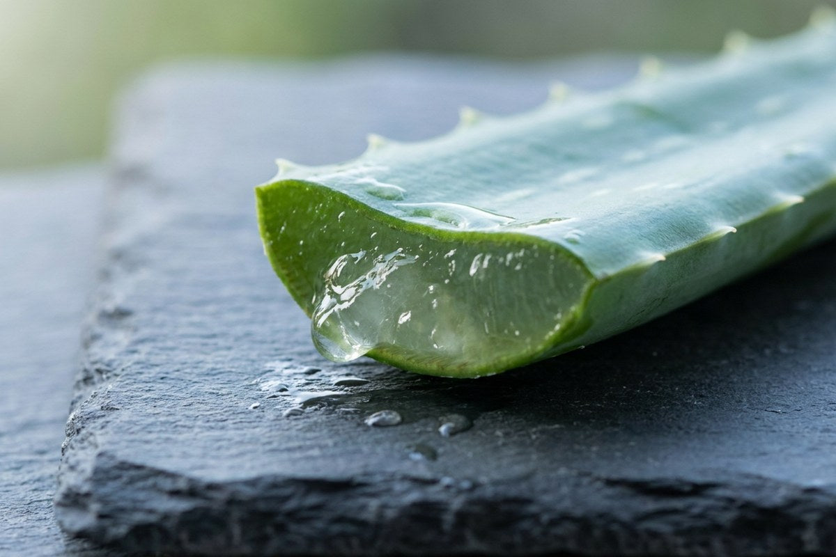A cut Aloe Vera leaf showing its clear inner gel, the inner-leaf source of SSAV, a Desert Harvest image