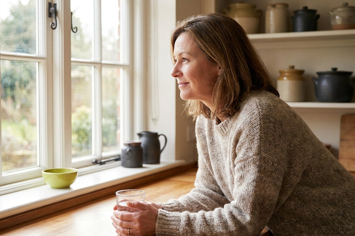 Woman in her 50s with a glass of water by a sunny kitchen window, a Desert Harvest morning routine scene