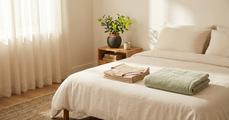 Soft folded linens on a bed in morning light