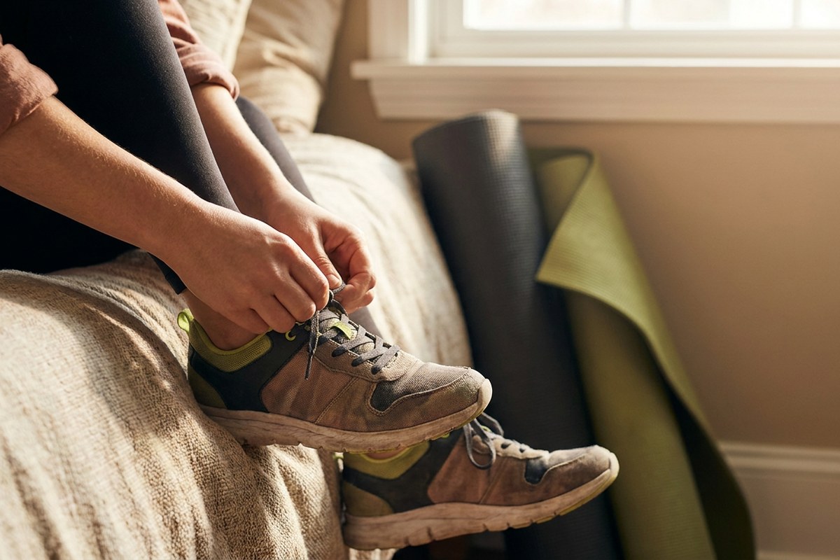 Hands lacing up sneakers before a morning walk, a Desert Harvest midlife movement image