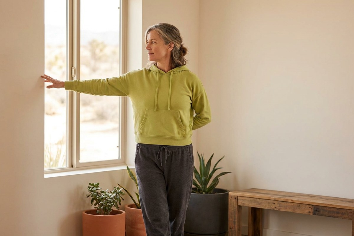 A woman stretching by a sunny window at home