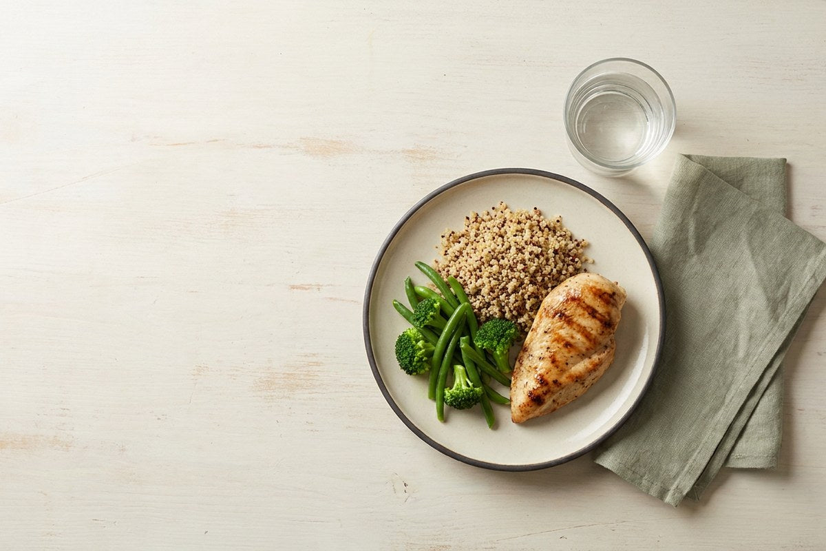 A simple protein and vegetable meal on a wooden table, a Desert Harvest daily nutrition image