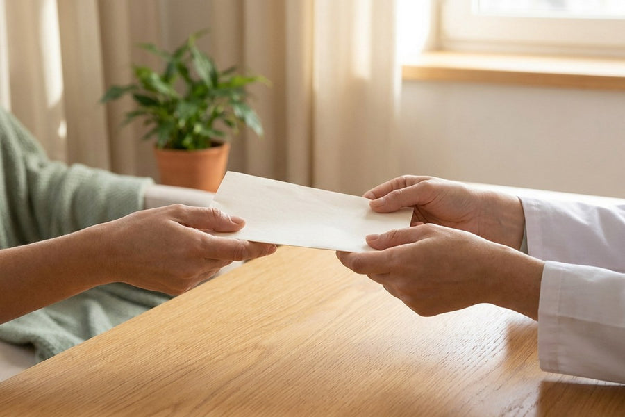 Two people passing a written note across a table