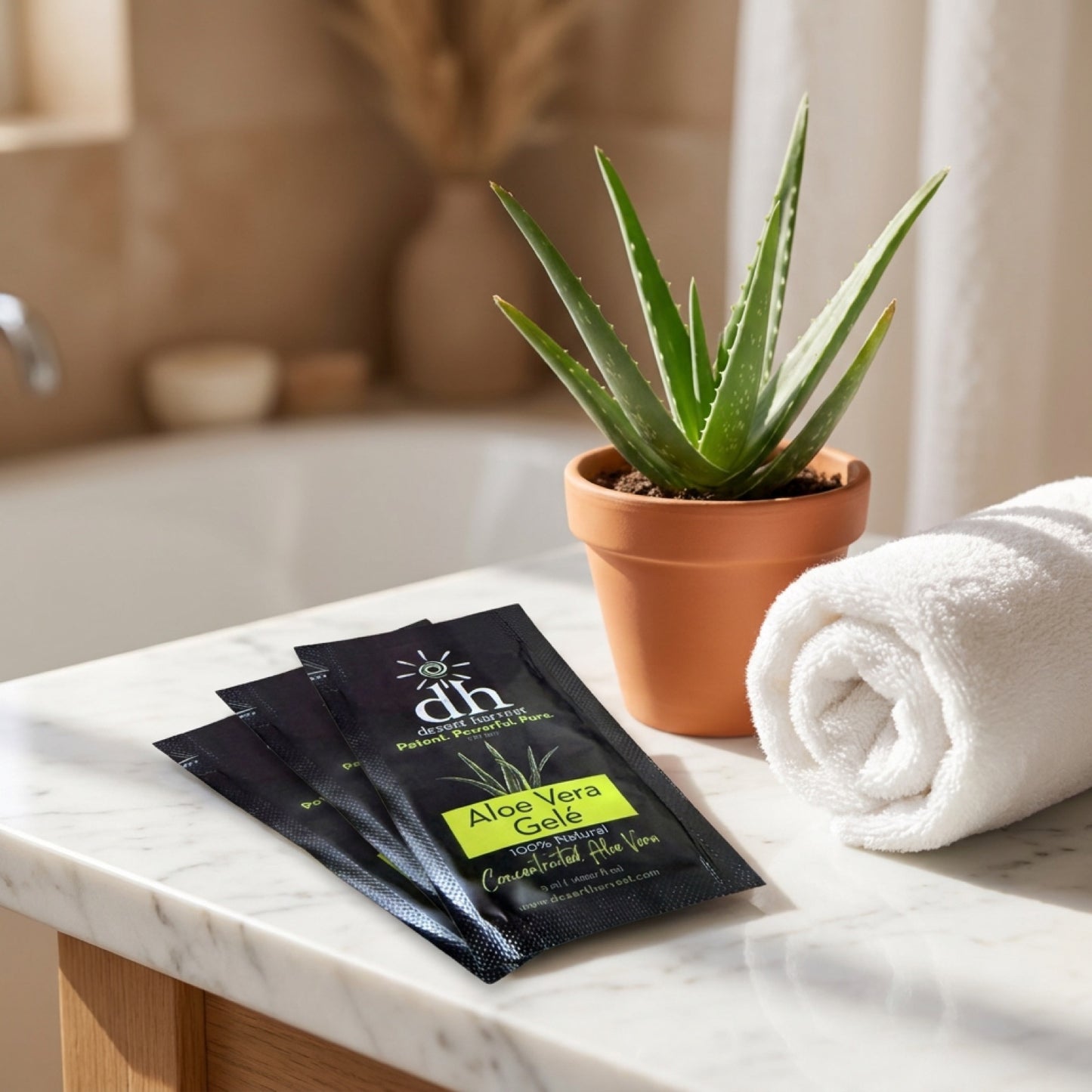 Aloe Vera Gelé travel packets on a marble counter
