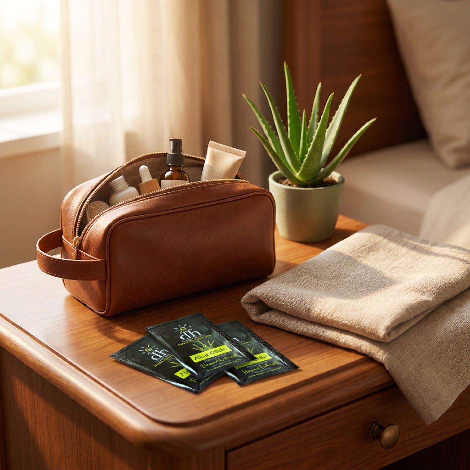 Aloe Glide travel packets on a hotel nightstand