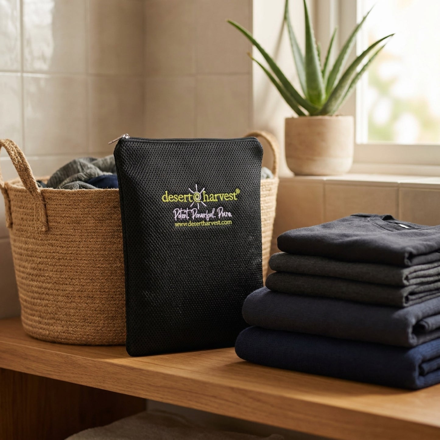 Desert Harvest laundry bag in a laundry room