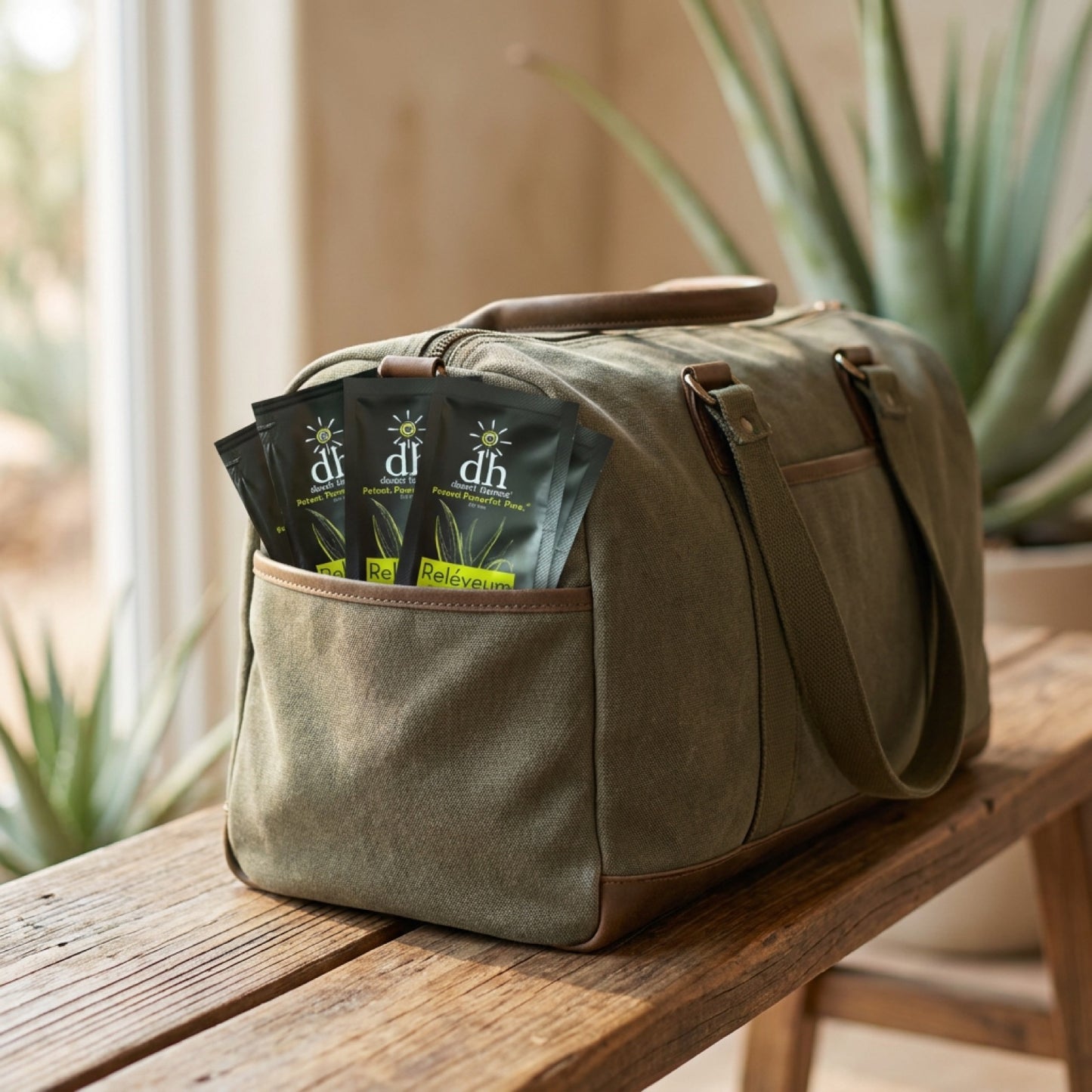 Reléveum travel packets in a weekender bag