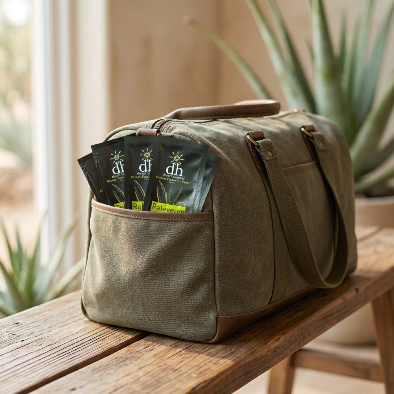 Reléveum travel packets in a weekender bag