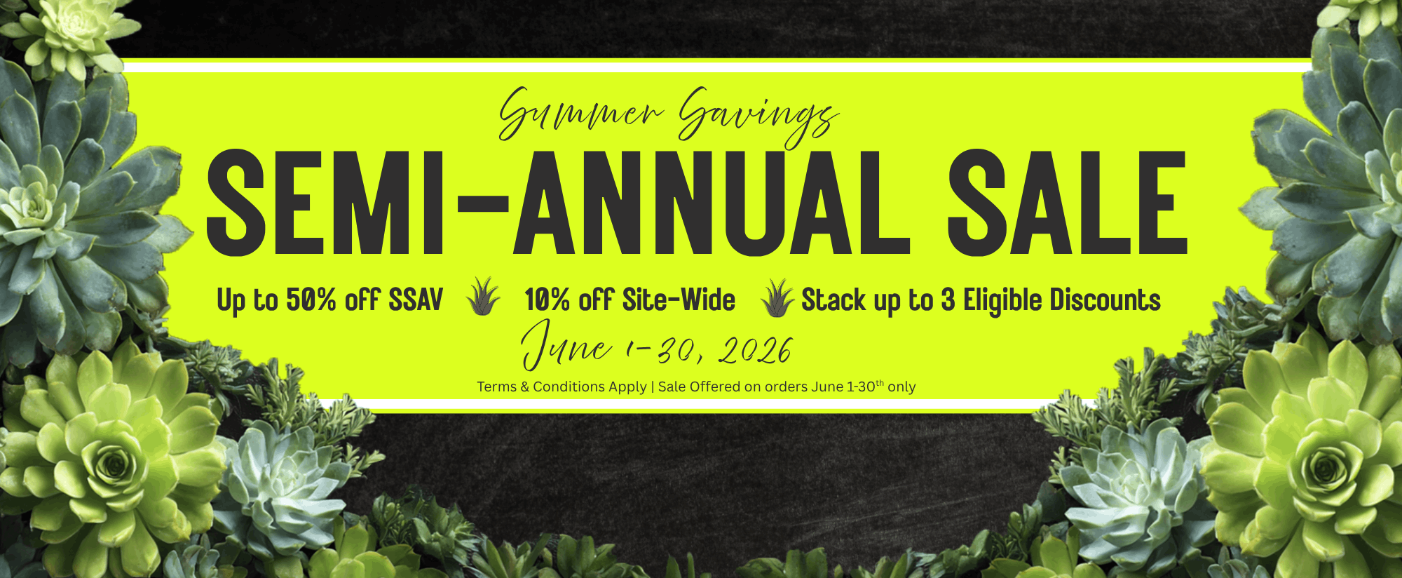 Desert Harvest Semi-Annual Sale — up to 50% off SSAV, 10% off site-wide, stack up to 3 eligible discounts, June 1–30, 2026